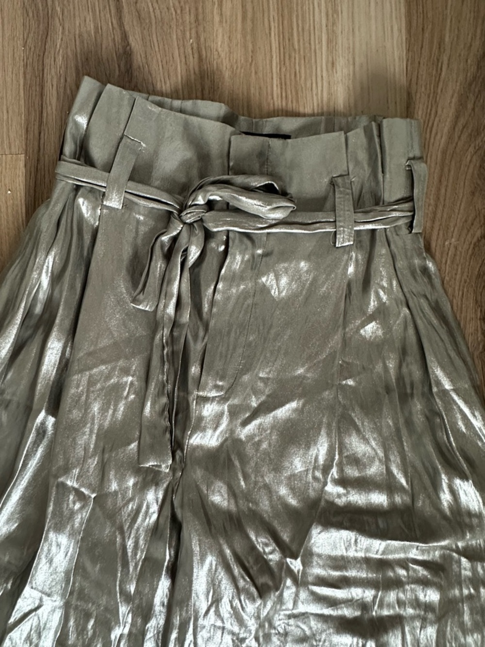 Metallic High-Waist Paperbag Trousers with Tie Belt